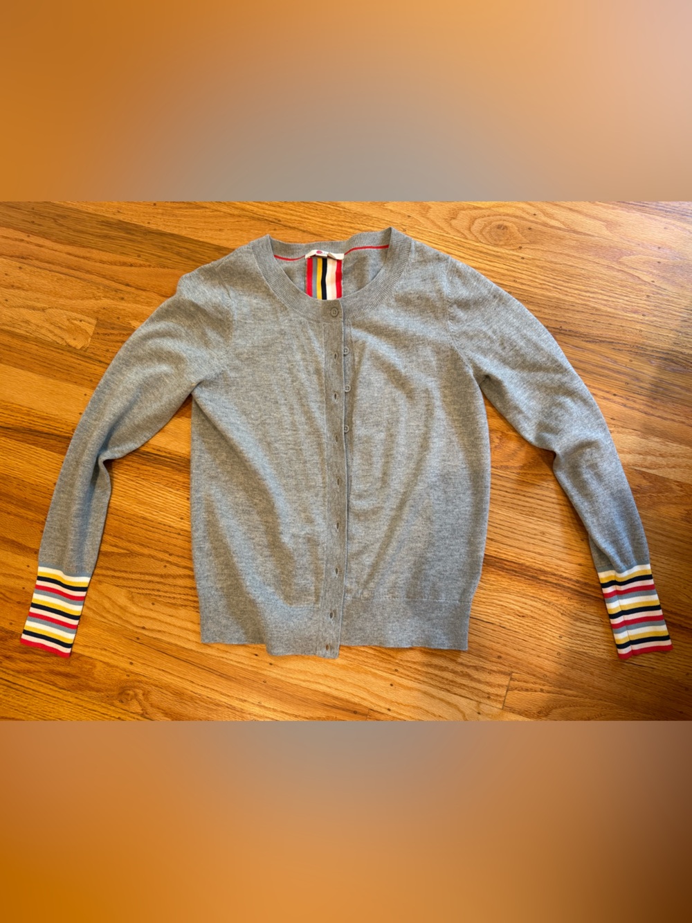 Boden Gray Button-Front Cardigan with Multicolor Stripe Cuffs